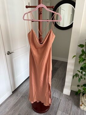 Astr Satin Cowl Midi Dress in Dusty Peach